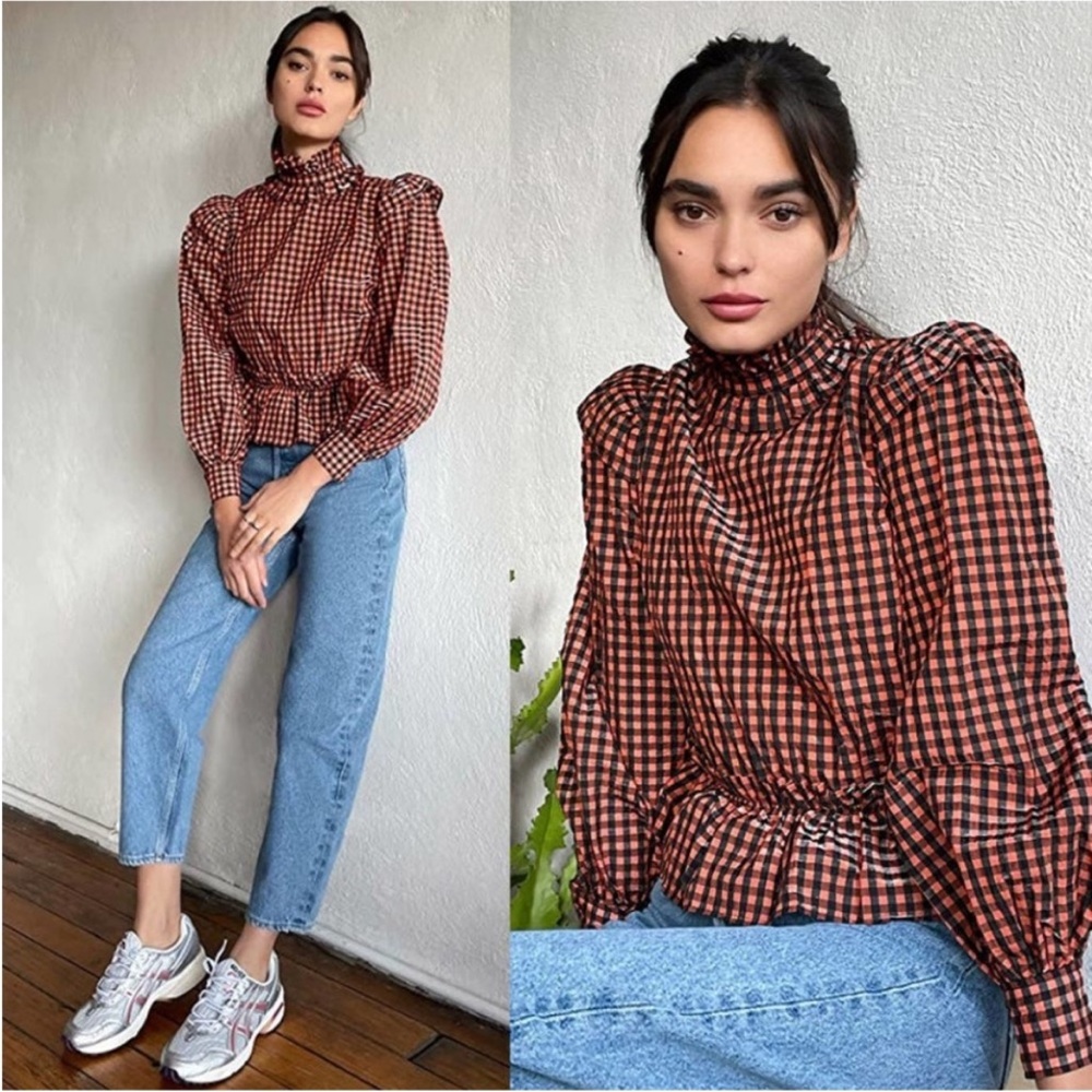 GANNI Seersucker Gingham Ruffle Check Blouse Top